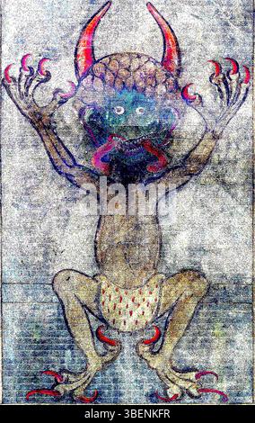 Der *Codex Gigas*, auch bekannt als die Teufelsbibel, ist eine Handschrift aus dem frühen 13. Jahrhundert, die im Benediktinerkloster Podlaice erstellt wurde. Das berühmte Teufelsporträt ist auf Folio 290 recto zu sehen, ein bemerkenswerter Aspekt dieses historischen Textes, der für seine große Größe und seine geheimnisvollen Ursprünge berühmt ist. Stockfoto