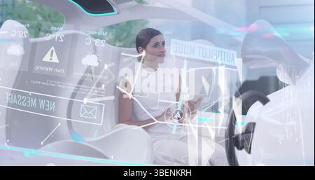 Zusammensetzung des Netzwerks digitaler Icons über Geschäftsleute, die im Büro klatschen Stockfoto