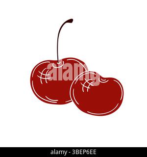 Niedliche Beeren-Illustration in Handzeichnung. Weiße Umrandung. Kirsche auf weißem Hintergrund. Design für Postkarten, Flyer, Banner. Symbol, Schild, Aufkleber, Pin Stock Vektor