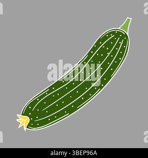 Niedliche Gemüseillustration in Handzeichnung. Weiße Umrandung. Gurke auf grauem Hintergrund. Design für Postkarten, Flyer, Banner. Symbol, Zeichen Stock Vektor