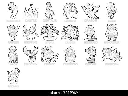 Eine Vektor-Illustration von fiktiven Fantasy-Charakteren Cartoon Outline Schwarz und weiß Stock Vektor