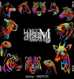 Rahmen mit bunten verschiedenen Tieren. Afrika färbte abstrakt mit Tieren. Handzeichnung. Nicht AI, Vektorillustration Stock Vektor