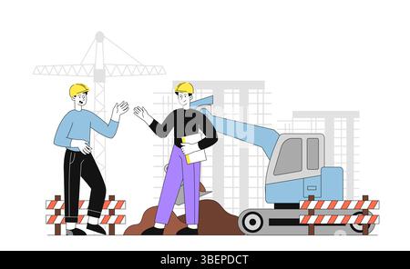Bauherren auf der Baustelle. Zwei Männer in Bauhüten in der Nähe des Baggers. Bau und Technik. Sicherheit und Schutz. Team von Architekten Stock Vektor