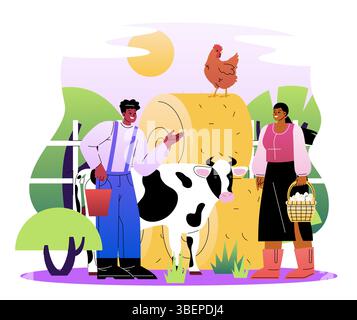 Ein paar Landwirte. Mann und Frau in der Nähe von Kuh und Huhn, Heuhaufen. Landwirtschaft und Landwirtschaft, Landwirtschaft. Ländliche Szene. Leute auf dem Bauernhof mit Vieh. Flach Stock Vektor