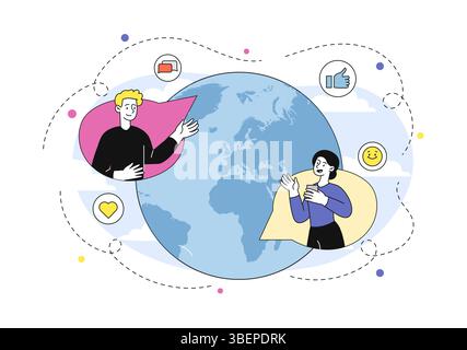 Globales Kommunikationskonzept. Mann und Frau auf der Weltkarte. Fernkommunikation und -Interaktion. Menschen chatten in sozialen Netzwerken und Boten. Online Stock Vektor