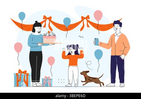 Kind feiert Geburtstag. Vater und Mutter feiern den Geburtstag der Töchter. Feiertage und Festival. Party oder Veranstaltung. Kind mit Kuchen, Geschenken und Ballons Stock Vektor