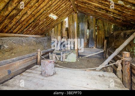 Das Innere eines alten Grubenhauses. So viele entflohene Sklaven lebten nach ihrer Ankunft in Kanada. Loch in Dach und Rückwand, roher Steinkamin. Stockfoto