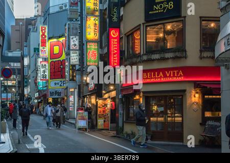 Farbenfrohe neonbeleuchtete Gasse des Stadtteils Shinjuku in Tokio Japan. Foto am Abend. Stockfoto