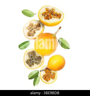 Köstliche reife Passionsfrüchte und grüne Blätter, die auf weißem Hintergrund fallen Stockfoto