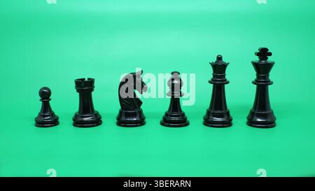 Das Arrangement von Schachfiguren, die von Schachfiguren, Bäumen, Rittern, Bischöfen, Königinnen, und Könige isoliert auf einem Grün. Stockfoto