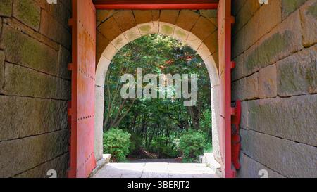 Ein historisches Steintor in der Geumjeong-Festung auf dem Geumjeongsan-Berg in Busan, Südkorea, eingerahmt von üppig grünen Wäldern im Sommer. Stockfoto