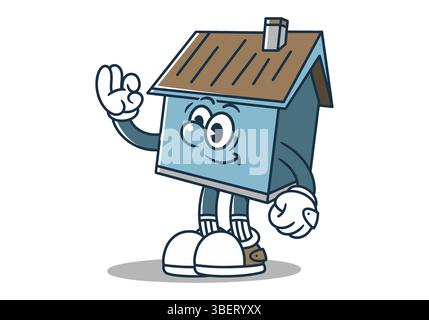 Blaue bezaubernde Illustration eines skurrilen Zeichentrickhauses mit Armen und Beinen, die fröhlich winken, für eine einladende und fröhliche Atmosphäre Stock Vektor