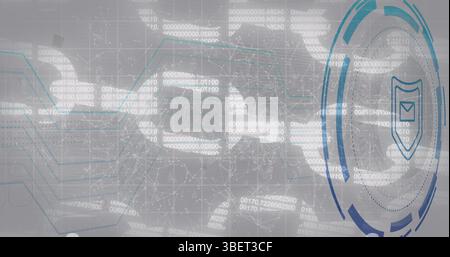 Abbildung des Schildsymbols über der Datenverarbeitung auf weißem Hintergrund Stockfoto