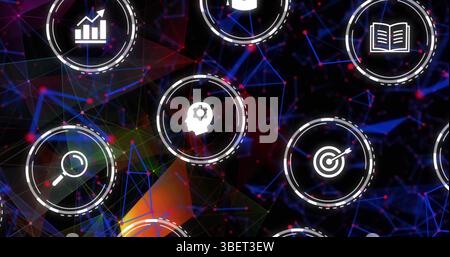 Bild fallender Bildungssymbole über Netzwerk von Verbindungen auf dunklem Hintergrund Stockfoto