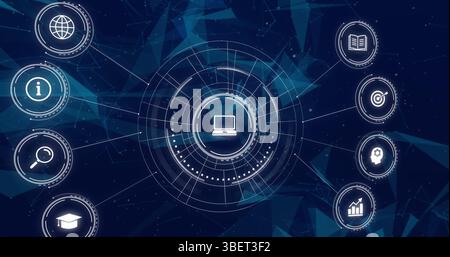 Bild fallender Bildungssymbole über Netzwerk von Verbindungen auf dunklem Hintergrund Stockfoto