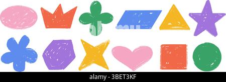 Buntes handgezeichnetes Buntstift-Design-Set. Helle Holzkohle-Doodle-Kollektion. Pastellstift Textur Form Pack für Aufkleber, Patch, Abzeichen, Etikett. Kindlicher Sketch-Stern, Blume, Sechseck, Herzelemente. Vektor Stock Vektor