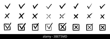 Häkchen-Symbol-Set aktivieren. Kreuzfeld x Häkchen Kontrollkästchen V Liste Vektor Zeichnung handgezeichnet Skizze Kritzelpinsel Marker Checkliste Symbol falscher rechter Kreis. Vektorabbildung Stock Vektor