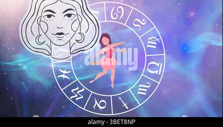 Bild von Horoskop-Symbolen über Sternen auf blauem Hintergrund Stockfoto