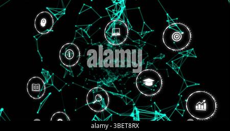 Bild fallender Bildungssymbole über Netzwerk von Verbindungen auf dunklem Hintergrund Stockfoto