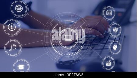 Abbildung: Herabfallende Bildsymbole über die Person, die ein Notebook verwendet Stockfoto