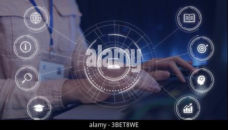 Abbildung: Herabfallende Bildsymbole über die Person, die ein Notebook verwendet Stockfoto