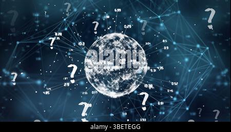 Abbildung der Fragezeichen-Symbole über dem Netzwerk von Verbindungen und der Globe auf schwarzem Hintergrund Stockfoto