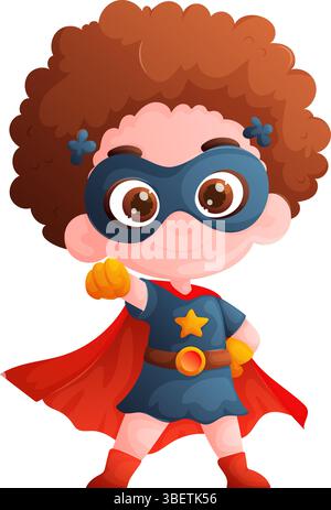 Ein süßes Cartoon-Mädchen in einem Superheldenkostüm mit lockigen braunen Haaren, mit Maske und rotem cape. SH schlägt eine heldenhafte Pose an, bereit, die Welt zu retten Stock Vektor