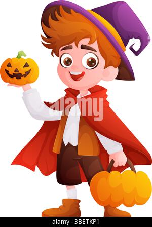 Eine Illustration eines glücklichen Jungen in einem Halloween-Kostüm, komplett mit Hexenhut und umhang, mit Kürbissen. Alles für eine lustige Trickortrea Stock Vektor