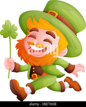 Ein fröhlicher Cartoon-Leprechaun läuft fröhlich mit einem vierblättrigen Kleeblatt. Dies ist ein perfektes Bild für die Feierlichkeiten zum Heiligen Patricks-Tag, voller h Stock Vektor