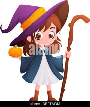 Niedliches Cartoon-Hexenmädchen mit einem großen lila Hut, einem Kürbis und einem Holzstab, perfekt für Halloween-Designs und Illustrationen. Stock Vektor