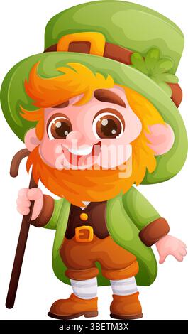 Ein niedlicher Karikatur-Kobold mit grünem Hut und Anzug steht mit einem Stock, bereit für die Feierlichkeiten zum St. Patricks Day. Er lächelt und ist voller holi Stock Vektor