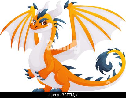 Das ist eine Vektorillustration eines Zeichentrickdrachen. Der Drache ist orange mit weißen Flügeln, weißem Bauch und weißen Hörnern. Es sieht sehr freundlich und happy aus Stock Vektor