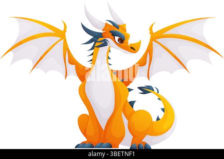 Bezaubernde Illustration eines orangen und weißen Drachen, der mit ausgebreiteten Flügeln sitzt. Dieses niedliche Zeichentrickbild ist perfekt für Kinderdesigns. Stock Vektor