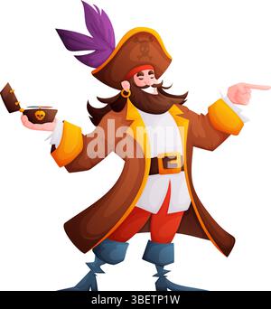 Das ist eine Zeichentrickdarstellung eines Piraten mit Bart, der eine Schatzkiste hält und auf etwas zeigt. Der Pirat trägt Mantel, Hut und Ohrring Stock Vektor