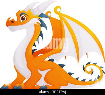 Süße orangene und weiße Drachen-Zeichentrickgrafik. Sitzen und nach links schauen, isoliert auf weißem Hintergrund. Verfügt über detaillierte Skalen, Hörner und W Stock Vektor