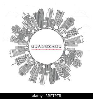 Umreißen Sie die Skyline von Guangzhou China City mit modernen Gebäuden und einem Kopierraum, der auf weiß isoliert ist. Vektorabbildung. Guangzhou Stadtbild mit Wahrzeichen. Stock Vektor