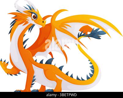 Das ist eine Illustration eines fröhlichen Zeichentrickdrachen. Es ist orange und weiß mit hellgelben Flügeln. Der Drache steht aufrecht und blickt zu Stock Vektor