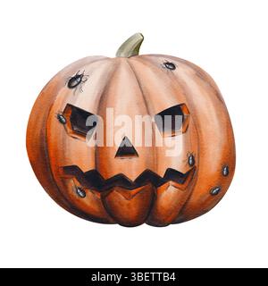 Großer orangefarbener Kürbis mit einem Gesicht für Halloween. Käfer und Spinnen kriechen auf dem Kürbis. Jacks Kopf. Aquarellabbildung ohne Hintergrund. Hand Stockfoto