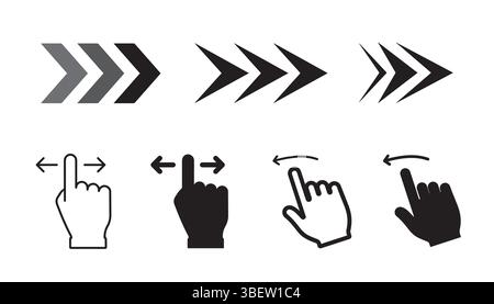 Satz von modernen Wischgesten-, Hand- und Pfeilvektorsymbolen, die sich am besten für UI/UX-Design, mobile Apps, Web-Entwicklung, Karusselldesign und Post-Anzeigen, Social eignen Stock Vektor