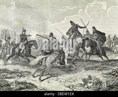 Napoleonische Kriege. Französische Invasion Russlands. Kämpfe gegen russische Kosaken gegen die französische Armee. Stich, 19. Jahrhundert. Stich, 19. Jahrhundert. Stockfoto