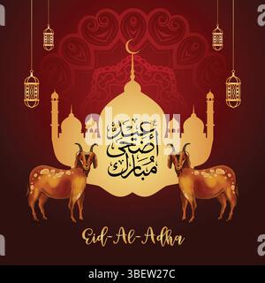 Festliche Eid al-Adha Vektor-Vorlage mit Moschee Silhouette und Ziegen - Eid ul Azha Kalligraphie Stock Vektor