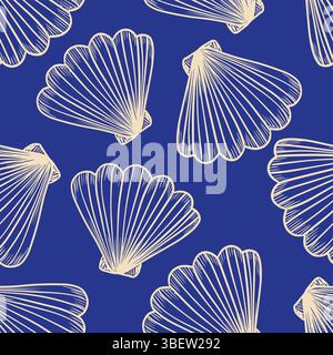 Nahtloses La Dolce vita-Muster mit Muscheln. Schwarzweißmuster mit handgezeichneter Kontur auf blauem Hintergrund. Vintage-Vektor inspiriert von italienischer Sommerästhetik. Stock Vektor