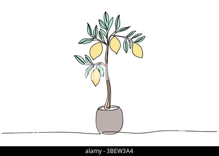 Dekorativer Zitronenbaum in einem einfachen Topf mit frischen Zitronen an Zweigen Stock Vektor