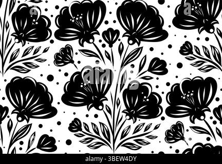 Nahtloses Vektor-Muster mit stilisierten schwarzen Blumensilhouetten im Folk-Stil. Textur mit Tracery-Blumen für Textildesign, Tapeten, Geschenkverpackung Stock Vektor