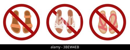 Offene Sommerschuhe sind verboten. Sammlung von Verbotsschildern mit Damenschuhen. Sommerschuhe sind verboten. Schilder für Aufkleber und Banner Stock Vektor