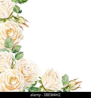Rosenrahmen. Vintage Pastell Blumen am Rand. Handgezeichnete Aquarellillustration isoliert auf weiß. Für Geburtstagskarten, Valentinstag, Muttertag Stockfoto