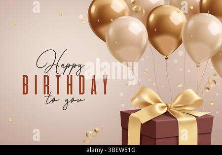 Happy Birthday Grußkarte elegantes Clipart-Design. Geburtstagsgeschenkbox und Ballons, die in eleganter Bronze-Gold-Farbe schweben, für Einladung und Wünsche Stock Vektor
