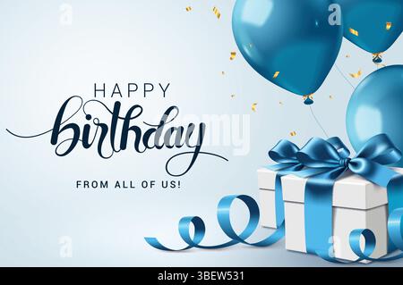 Happy Birthday Grußkarte Clipart Design. Geburtstagsgeschenkbox und blaue Ballons schwimmende Elemente Clip Art Dekoration für Einladung und Wünsche Stock Vektor