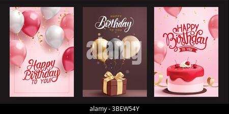 Happy Birthday Grußkarte Clipart Poster Set. Geburtstagseinladungen und Wünsche Vorlage Clip Art Kollektion mit schwimmenden Ballons, Geschenkbox und Kuchen Stock Vektor