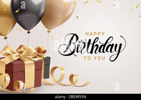 Happy Birthday Grußkarte Clipart Design. Geburtstagsgeschenkboxen mit Goldband und schwimmenden Clips für Ballons für elegante Einladungskarte Stock Vektor